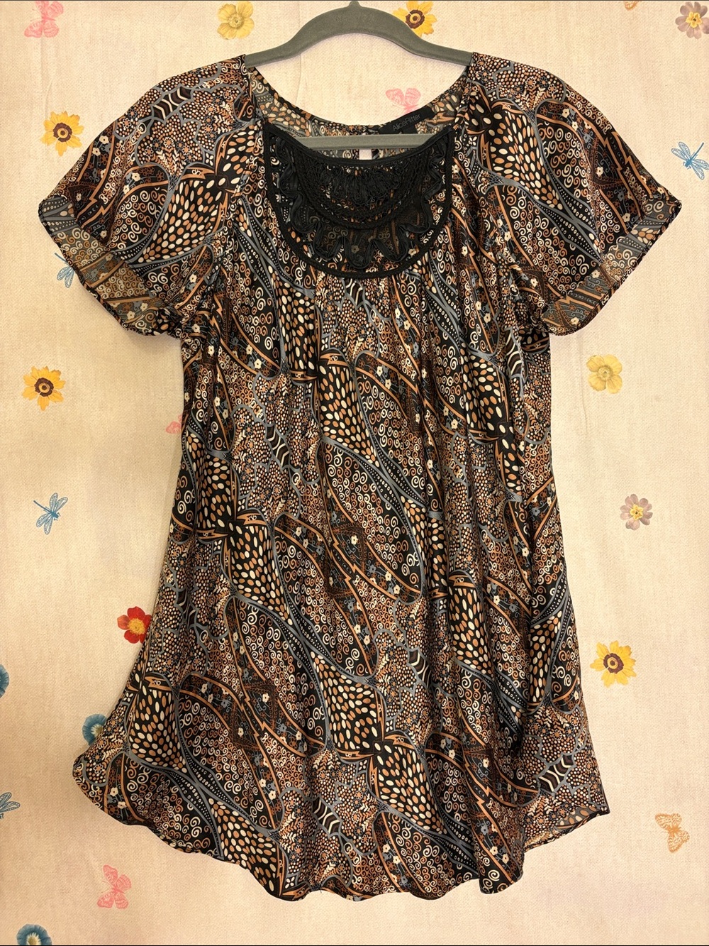100% Silk Alice Ritter Short Sleeve Tunic or nightgown with Crocheted Yoke